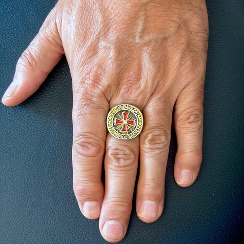 Maltese Cross Templar ring stainless steel with red enamel, US 11