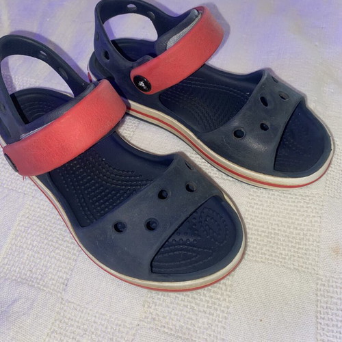 Crocs Crocband sandals used, blue and red, sizes 27-28