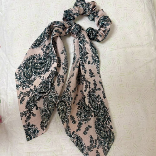 Handmade scrunchie hair tie with satin paisley ribbon new, pink multicolor