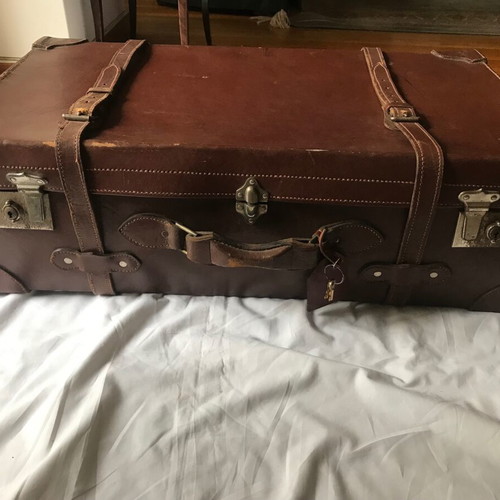 Antique leather suitcase used, handmade, early 20th century