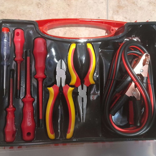 Electrician tool kit set new with screwdrivers, cutter, pliers, battery starter cables