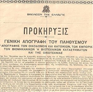 Βασίλειον της Ελλάδας, 1951, Έντυπη Ανακοίνωση Προκήρυξης Γενικής Απογραφής Πληθυσμού (Αυθεντικό), Διαστάσεις 42 Χ 32 εκατοστά.