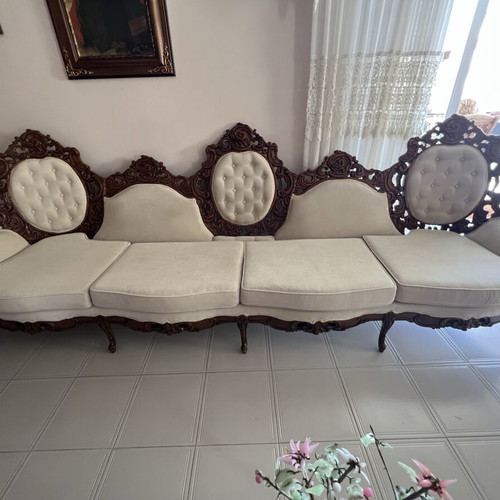 Carved Canadian Solid Wood Living Room Set like new with Marble Tables