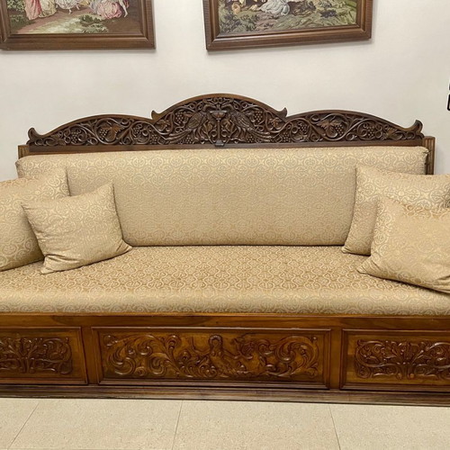 Solid Walnut Sofa Hand-Carved Like New with Storage Space