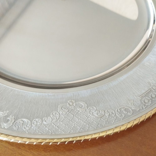 Vintage stainless steel serving tray 30cm with gold trim, mint condition