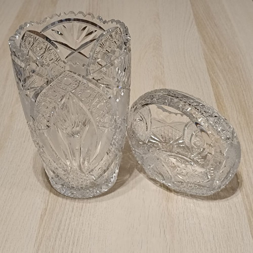 Bohemia vase and fondantière set used, carved crystal