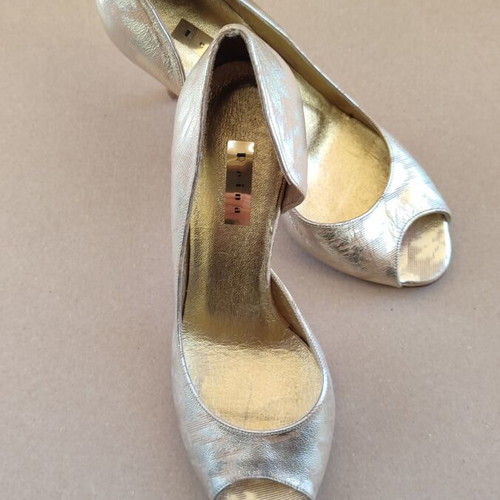 Peep-toe heels used, gold leather size 37