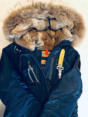Parajumpers γυναικείο μεταχειρισμένο μακρύ μπουφάν με κουκούλα και γούνα μπλε