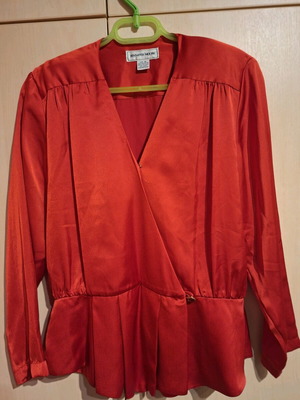 Red satin shirt cross-over used, with shoulder pads size M