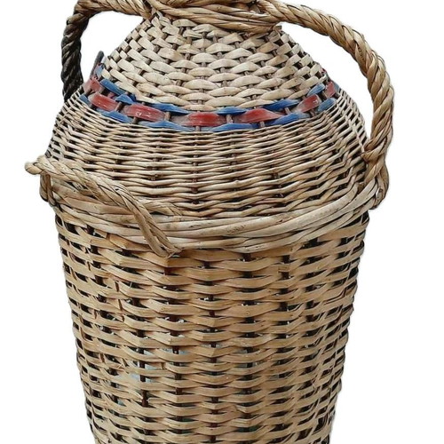 Large vintage glass demijohn with wicker cover, 30 liters, used