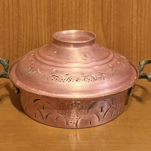 Vintage low copper pot with lid handmade carved polished