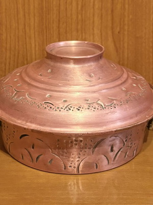 Vintage low copper pot with lid handmade carved polished