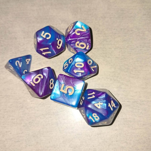 Blue and purple D&D dice set with dice bag