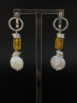 Silver 925 earrings with amber and pearls new
