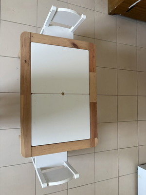 Flisat IKEA wooden table with 2 Trofast plastic storage boxes