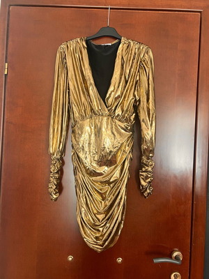 Elastic gold dress with gathers and shoulder pads new