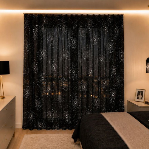 Black Semi-Transparent Curtain with Silver Spiral Design 286x274 cm new