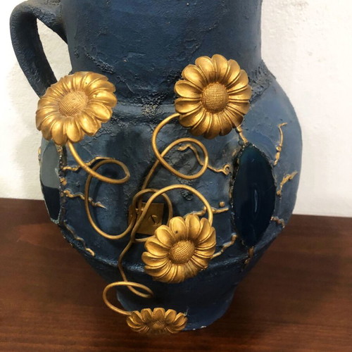 Handmade ceramic jar like new with stones and metal decorative elements