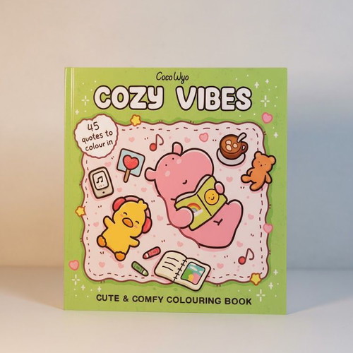 Cozy Vibes colouring book with 45 handwritten pages