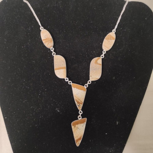 Silver-plated necklace with Jasper stone new, beige and brown