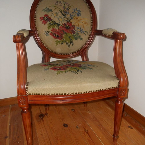 Pair of embroidered armchairs used, vintage, wood