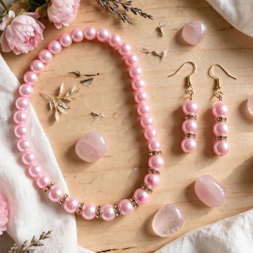 Handmade pink beaded necklace and earrings set new