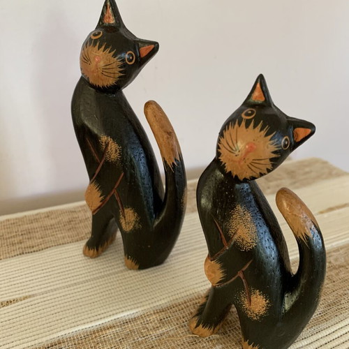 Set of two handmade wooden cat figurines new