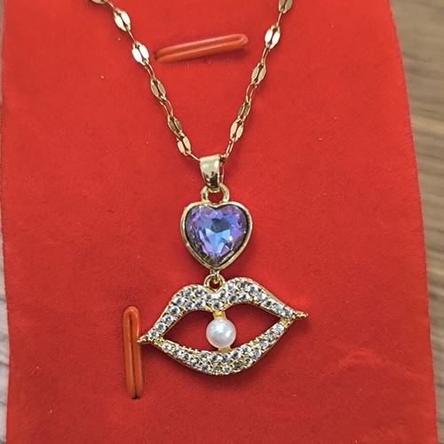 Gold Necklace with Purple Heart, Lips and Pearl, Stainless Steel, New
