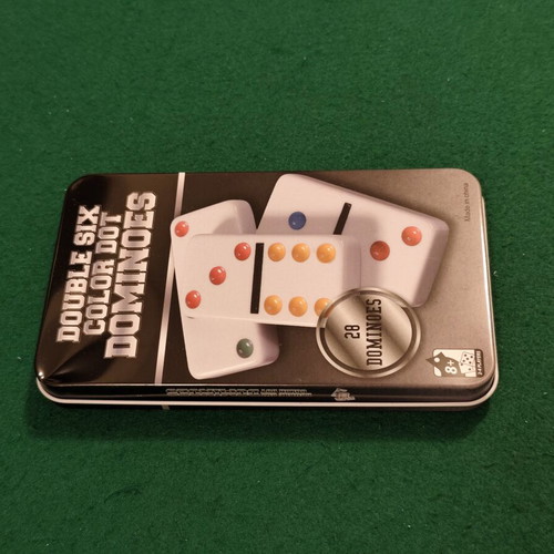 Double Six Color Dot Dominoes board game, 28 tiles, metal tin