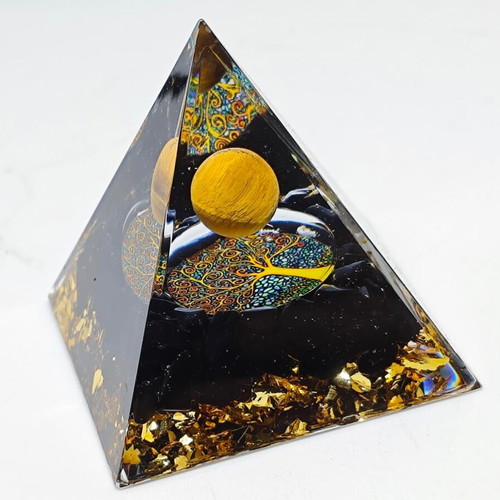 Orgonite pyramid with Tiger's Eye and Tree of Life like new