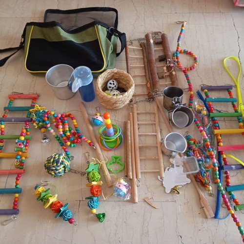 Bird accessories and toys set with transport bag like new