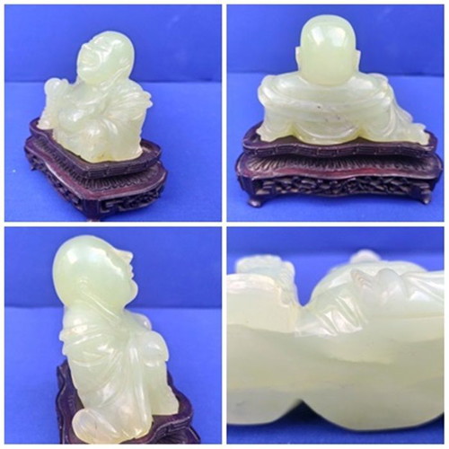 Vintage Budai figurine, handmade natural hard stone, celadon style