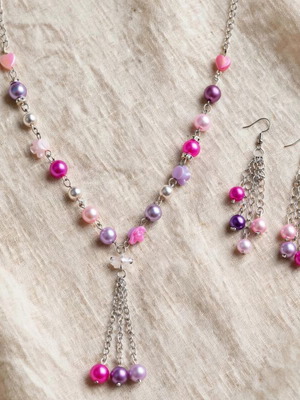 Handmade beaded necklace and earrings set in pink and purple, new