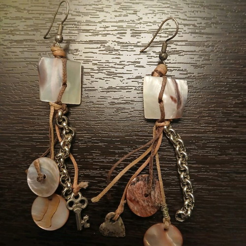 Handmade earrings with mother-of-pearl beads, chain and cord new