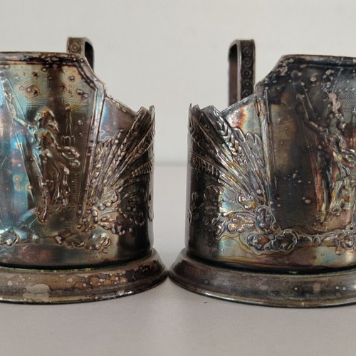 Soviet metal tea glass holders used, set of 2, 1960s era