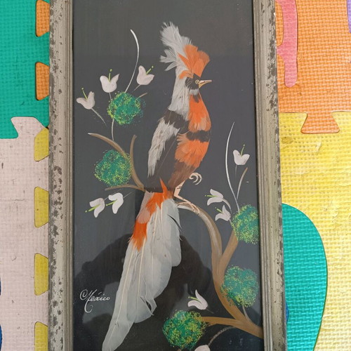 Frame used with wooden border and bird feathers from Mexico