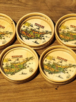 Vintage coasters used, pack of 7, bamboo with Cyprus design