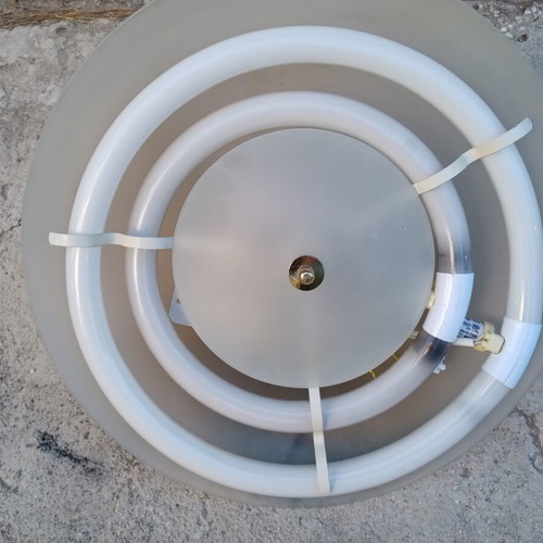 Glass ceiling light with double fluorescent lamp, wooden base, used