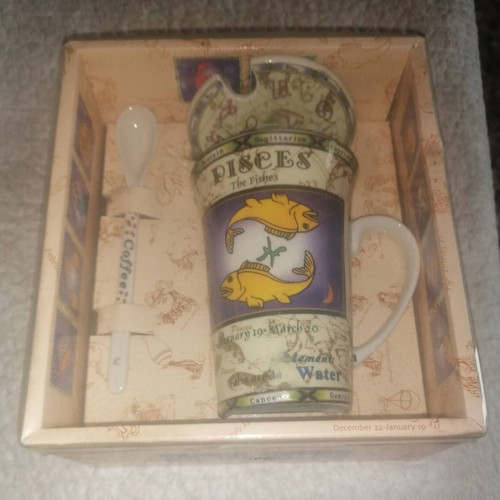 Coffee or Tea Mug with Lid and Spoon "ΙΧΘΥΣ - PISCES" new