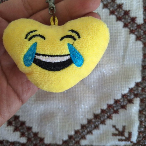 Heart Laughing Crying 3D Keychain like new, yellow fabric