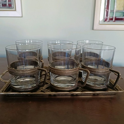 Bronze tray with 6 tea glasses like new