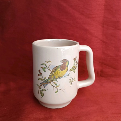 Vintage Bavaria porcelain mug used, 0.5 L, pink with bird design