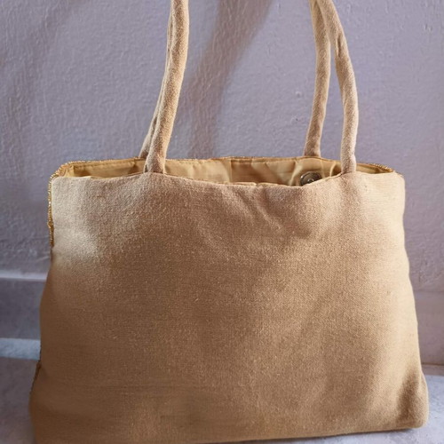 Handmade Embroidered Handbag With Gold Beads Beige Brown