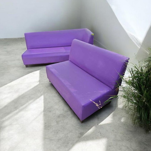 Handmade corner sofa used, leather and wood, professional