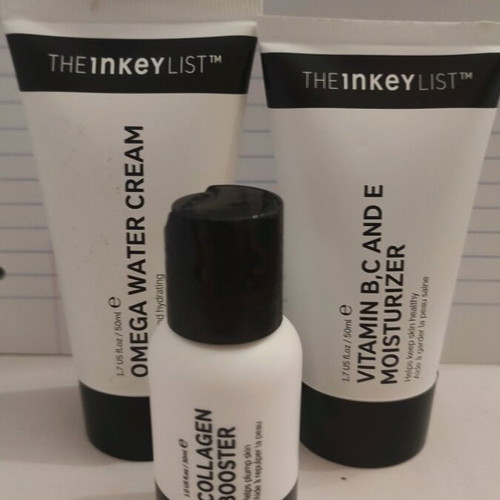 The Inkey List set Collagen booster serum and omega water, b,c,e creams used