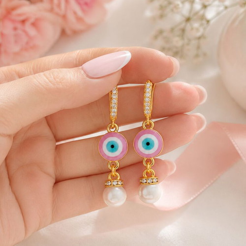 Handmade Evil Eye Earrings with Pink Enamel and Pearls, new