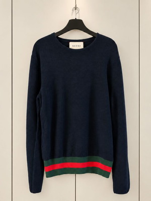 Gucci 414983 vintage ανδρικό πουλόβερ με στρογγυλή λαιμόκοψη και πράσινη-κόκκινη ρίγα στο στρίφωμα, μέγεθος L