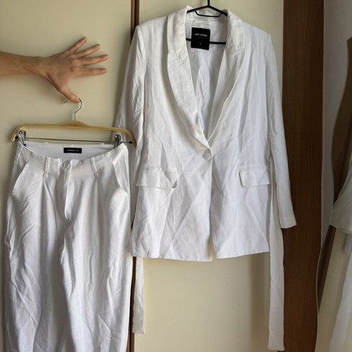 Linen suit set white, new Pink Woman