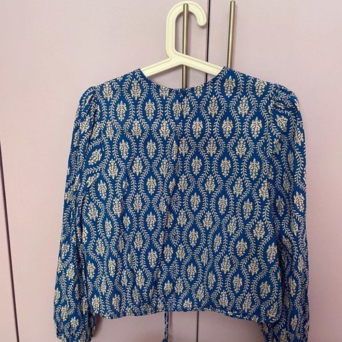 Zara printed top like new, linen, blue and white