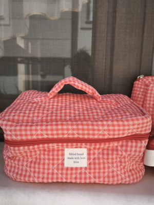 Makeup Bags Set of 3 Quilted Red Gingham Grid New